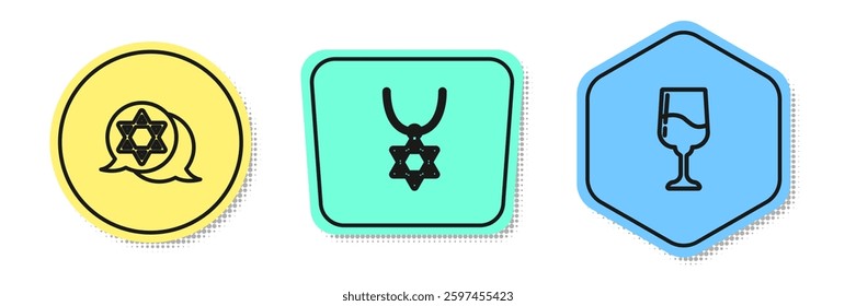 Set line Star of David, necklace on chain and Jewish goblet. Colored shapes. Vector