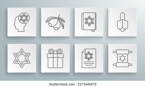 Set line Star of David, Olives branch, Gift box, Torah scroll, Jewish torah book, Hanukkah dreidel and Orthodox jewish hat icon. Vector