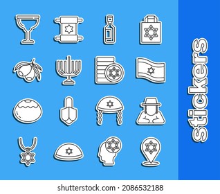Set line Star of David, Orthodox jewish hat, Flag Israel, Jewish wine bottle, Hanukkah menorah, Olives branch, goblet and coin icon. Vector
