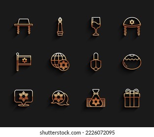 Set line Star of David, Orthodox jewish hat, Jewish money bag, Gift box, World Globe and Israel, sweet bakery and Hanukkah dreidel icon. Vector