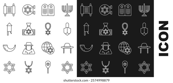 Set line Star of David, Orthodox jewish hat, Hanukkah dreidel, Tombstone with star david, Jewish money bag, Firework rocket, Torah scroll and necklace chain icon. Vector