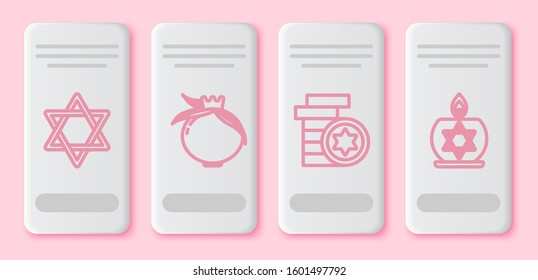 Set line Star of David, Pomegranate, Jewish coin and Burning candle in candlestick with star of david. White rectangle button. Vector