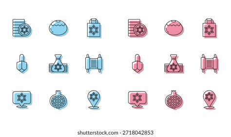 Set line Star of David, Pomegranate, Jewish coin, money bag, Torah scroll, Hanukkah dreidel and sweet bakery icon. Vector