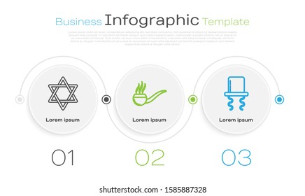 Set line Star of David, Smoking pipe with smoke and Orthodox jewish hat with sidelocks. Business infographic template. Vector