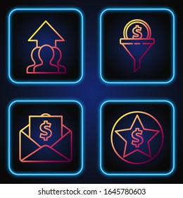Legen Sie die Linie Star und Dollar, Umschlag mit Münzgeld, Wachstumskarte und Fortschritt in der Menschen Crowd und Lead Management. Farbsymbole. Vektorillustration