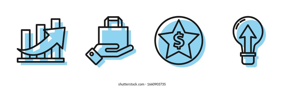 Fije la línea Estrella y Dólar, Crecimiento financiero y moneda, Bolsa de compra de mano y papel e icono de la bombilla. Vector