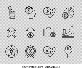 Set line Star and dollar, Lead management, Telephone handset speech bubble chat, Price tag with, Hand touch tap gesture, Financial growth coin,  and  icon. Vector