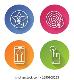 Set line Star and dollar, Target with dollar symbol, Smartphone, mobile phone and Hand touch and tap gesture. Color circle button. Vector
