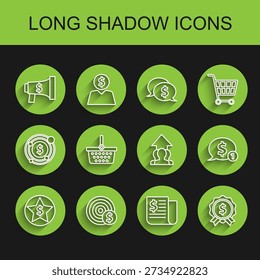 Set line Star and dollar, Target with symbol, Megaphone, Financial news, Price tag, Shopping basket, Speech bubble and Growth chart progress people crowd icon. Vector