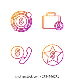 Set line Star and dollar, Telephone handset and speech bubble chat, Target with dollar symbol and Briefcase and money. Gradient color icons. Vector