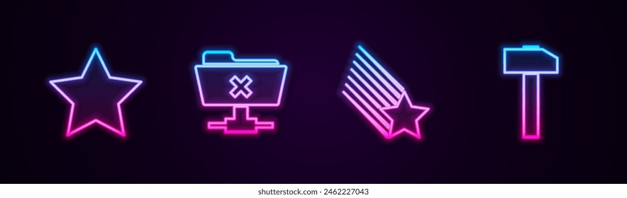 Set line Star, FTP cancel operation, Falling star and Hammer. Glowing neon icon. Vector