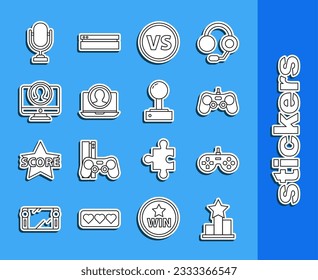 Set line Star, Gamepad, VS Versus battle, Create account screen, Microphone and Joystick for arcade machine icon. Vector