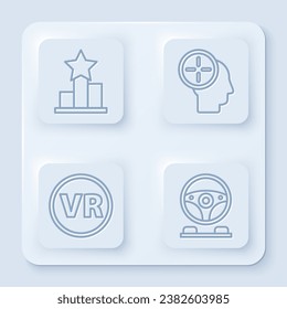 Set line Star, Head hunting concept, Virtual reality glasses and Racing simulator cockpit. White square button. Vector