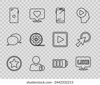Set line Star, Like in speech bubble, Smartphone, mobile phone, Add to friend, Film reel, Battery charge level indicator and Arrow cursor icon. Vector