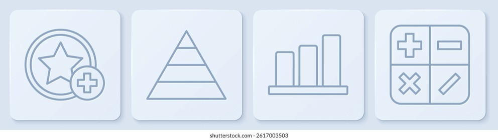 Set line Star, Pie chart infographic, Pyramid chart infographics and Calculator. White square button. Vector