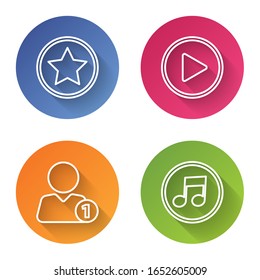 Set line Star, Play in circle, Add to friend and Music note, tone. Color circle button. Vector