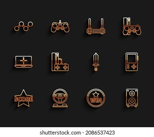 Set Line Star, Racing Simulator Cockpit, Share, Medal, Stereo Lautsprecher, Spielkonsole mit Joystick, Portable Video-Spiel und Schwert für Icon. Vektorgrafik