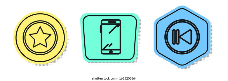 Set line Star, Smartphone, mobile phone and Rewind. Colored shapes. Vector