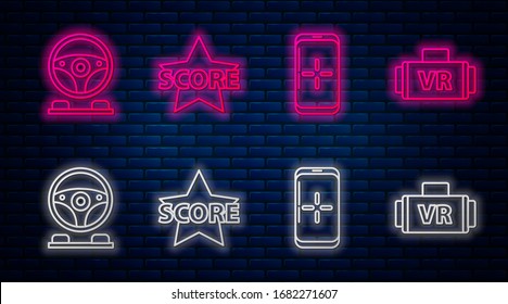 Set line Star, Smartphone and playing in game, Racing simulator cockpit and Virtual reality glasses. Glowing neon icon on brick wall. Vector