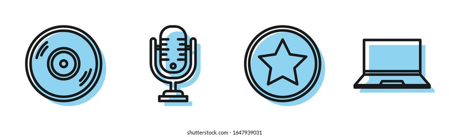 Set line Star, Vinyl disk, Microphone and Laptop icon. Vector