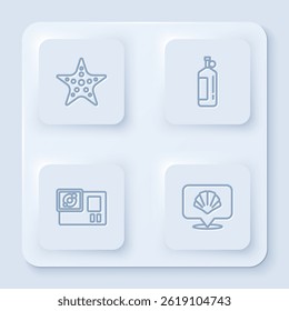Set line Starfish, Aqualung, Action camera and Scallop sea shell. White square button. Vector