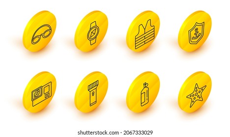 Set line Starfish, Aqualung, Flashlight, Action camera, Anchor inside shield, Life jacket, Compass and Glasses and cap icon. Vector