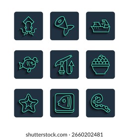 Estrella de mar, cabeza de pez, pulpo de tentáculo, barco de pesca, arpón, tropical, y el icono de Caviar. Vector