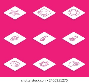 Set line Starfish, Life jacket, Lifebuoy, Compass, Knife, Octopus, Scallop sea shell and Turtle icon. Vector