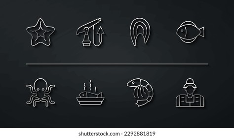 Set line Starfish, Octopus, Fish, Shrimp, Served on plate, Fishing harpoon, Fisherman and steak icon. Vector