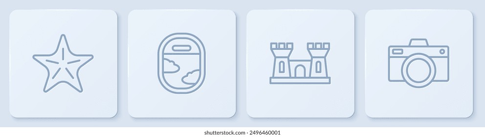 Establecer línea Starfish, castillo de arena, ventana de avión y cámara de fotos. Botón cuadrado blanco. Vector