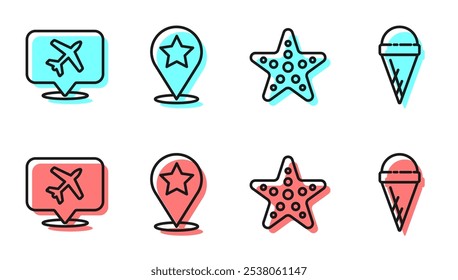 Set line Starfish, Burbuja de voz con avión, Puntero de mapa con estrella y helado en icono de cono de gofre. Vector
