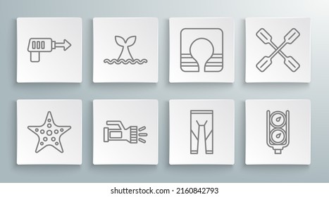 Set line Starfish, Whale tail in ocean wave, Flashlight, Wetsuit, Gauge scale, Life jacket, Paddle and Fishing harpoon icon. Vector
