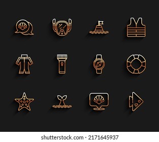 Set line Starfish, Whale tail in ocean wave, Scallop sea shell, Fish, Flashlight, Lifebuoy and Compass icon. Vector