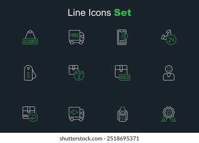 Set line Stars rating, POS terminal, Delivery cargo truck, Return cardboard box, Happy customer, Sold, Hot price and Price tag with dollar icon. Vector