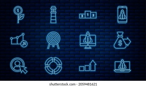Set line Startup project concept, Money bag, Business podium, Target, Financial growth, Dollar plant,  and Lighthouse icon. Vector
