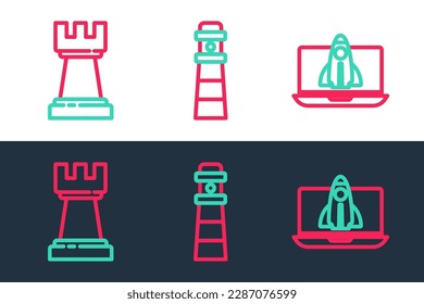 Set line Startup project concept, Chess and Lighthouse icon. Vector