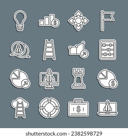 Set line Startup project concept, Pie chart and dollar, Abacus, Project team base, Stair with finish flag, Light bulb of idea and Financial growth icon. Vector