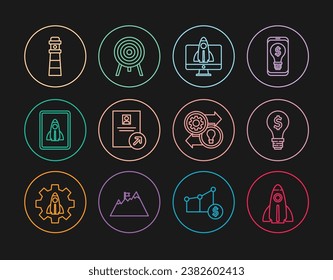 Set line Startup project concept, Light bulb with dollar, Job promotion, Lighthouse, Human resources and Target icon. Vector