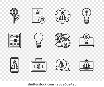 Set line Startup project concept, Briefcase and money, Dollar plant, Light bulb with of idea,  and dollar laptop icon. Vector