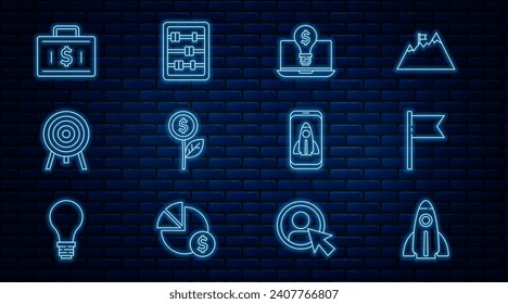 Set line Startup project concept, Location marker, Light bulb with dollar laptop, Dollar plant, Target, Briefcase and money,  and Abacus icon. Vector