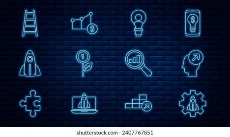 Set line Startup project concept, Head hunting, with lamp bulb, Dollar plant, Stair finish flag, Magnifying glass and analysis and Pie chart dollar icon. Vector