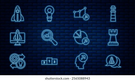 Set line Startup project concept, Chess, Financial growth, Magnifying glass and analysis,  and Head with lamp bulb icon. Vector