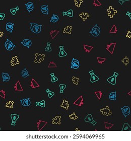 Set line Startup project concept, Money bag, Piece of puzzle and Mountains with flag on seamless pattern. Vector