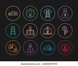 Set line Startup project concept, Dollar plant, Stair with finish flag, Hierarchy organogram chart, Business podium, Light bulb dollar laptop and and gear icon. Vector