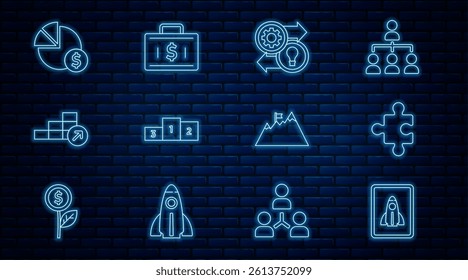 Set line Startup project concept, Piece of puzzle, Human resources, Business podium, Financial growth, chart and dollar, Mountains with flag and Briefcase money icon. Vector
