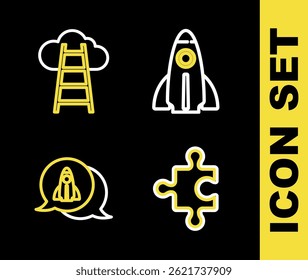 Set line Startup project concept, Piece of puzzle,  and Stair with finish flag icon. Vector