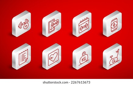 Set line Stationary bicycle, Fitness app, Calendar fitness, Energy drink, Weight, Dumbbell, Heart rate and Sport training program icon. Vector