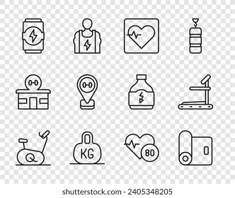 Set line Stationary bicycle, Fitness mat roll, Heart rate, Weight, Energy drink, Location gym,  and Treadmill machine icon. Vector