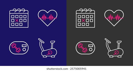 Set line Stationary bicycle, Fitness club, gym card, Heart rate and Calendar fitness icon. Vector