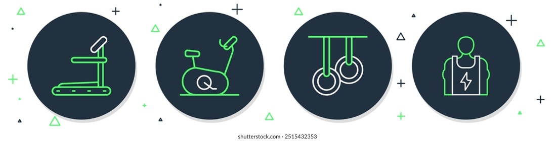 Bicicleta estática, anillos gimnásticos, máquina de la caminadora y el icono del culturista. Vector